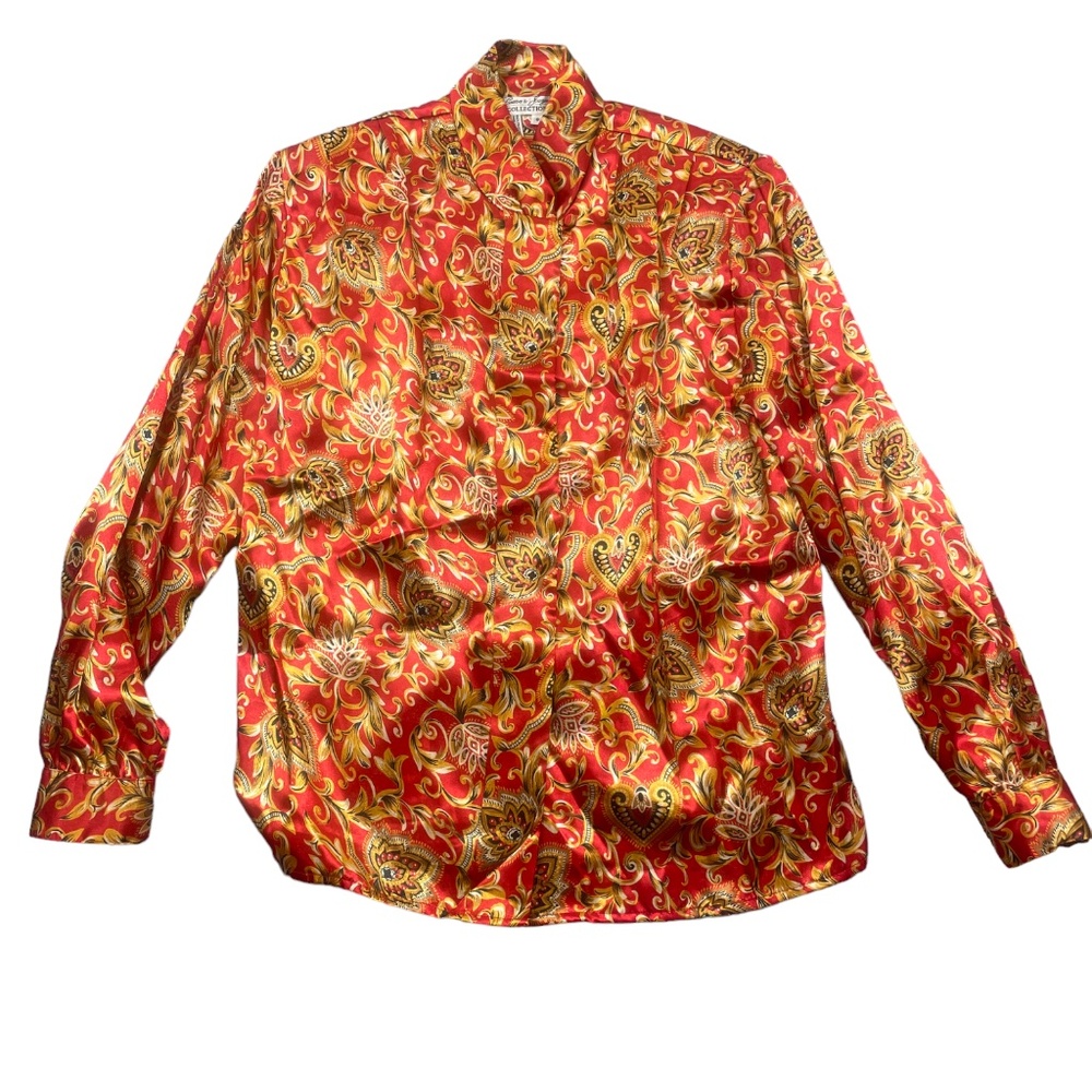 Laura & Jayne 8 VTG 100% Polyester Red Gold Blouse Covered Buttons on Sleeve